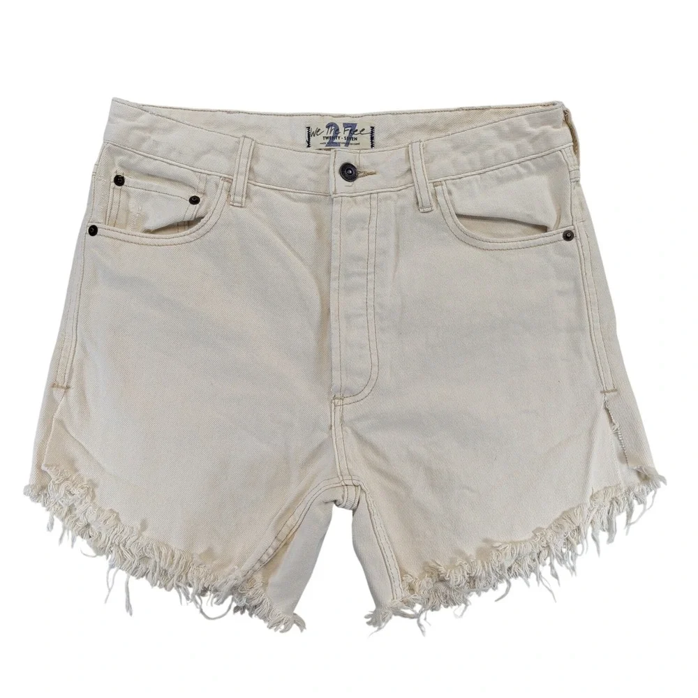 We The Free People Cream High Rise Cutoff Denim Shorts Size 27 Button Fly Casual